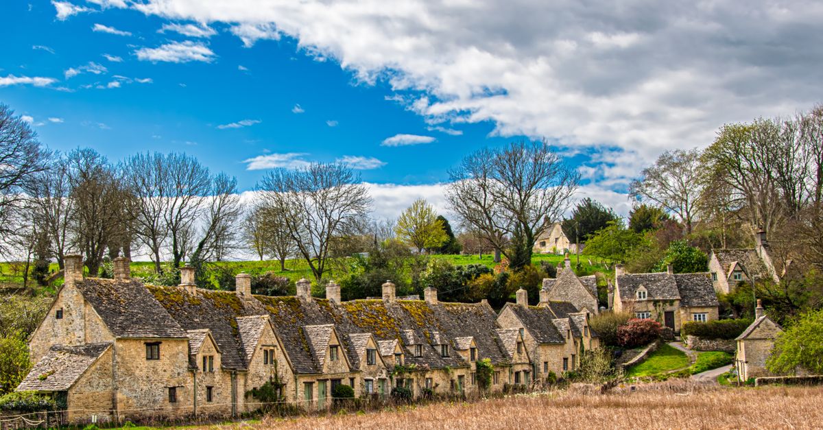 A row of honey-coloured Cotswold stone cottages with mossy roofs beside a meadow.